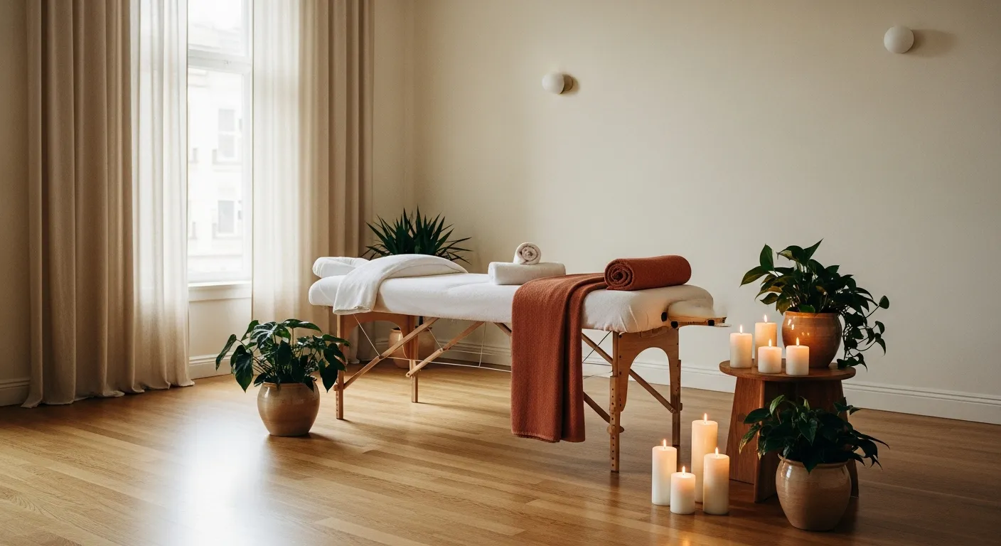 Rustige massagesalon met behandeltafel, kaarsen en planten